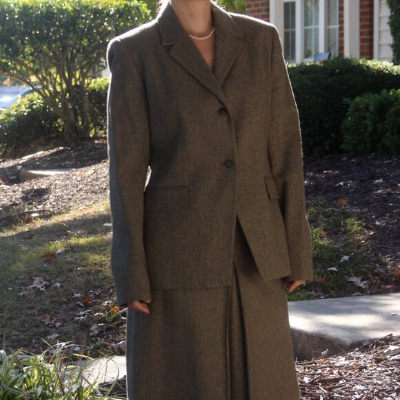 JONES NEW YORK 2PC Brown Wool‎ Blend Notch Collar Skirt Suit Size 6 - Picture 1 of 16